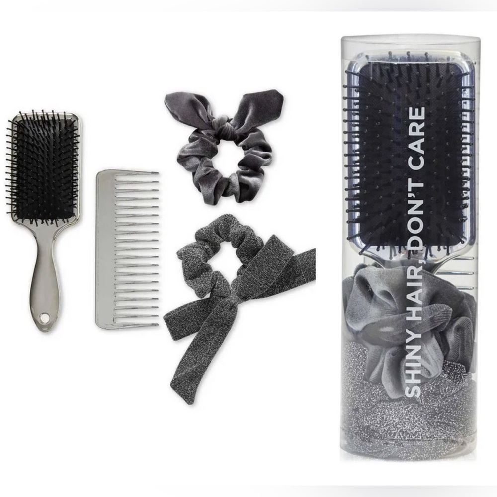 New Shiny Hair Don't Care 4 Pc Hair Gift Set Includes Brush Comb & Scrunchies